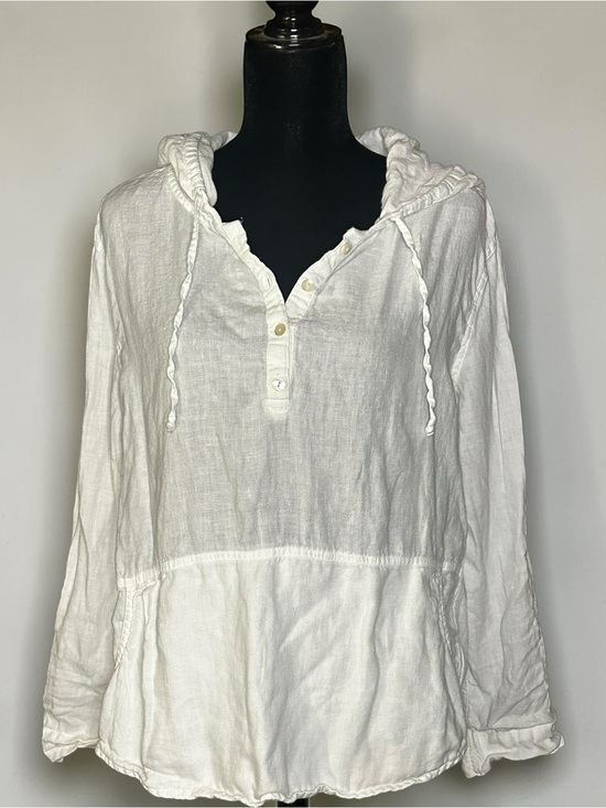 Tahari Tops - Tahari 100% Linen Hooded Henley Tunic Top Women’s M White Kangaroo Pocket